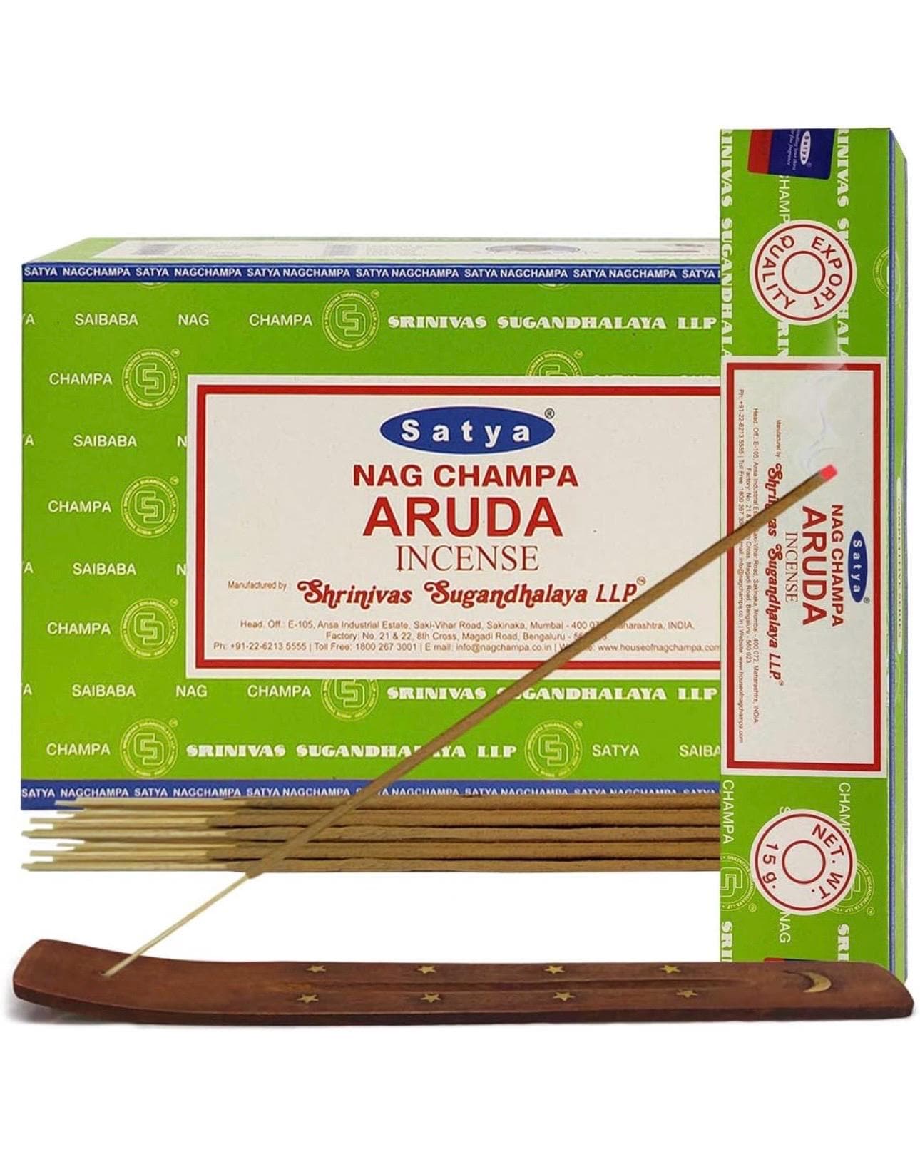Satya Nag Champa Aruda 180 grams. 12 boxes x 15 g per box. Premium Handrolled Incense sticks.