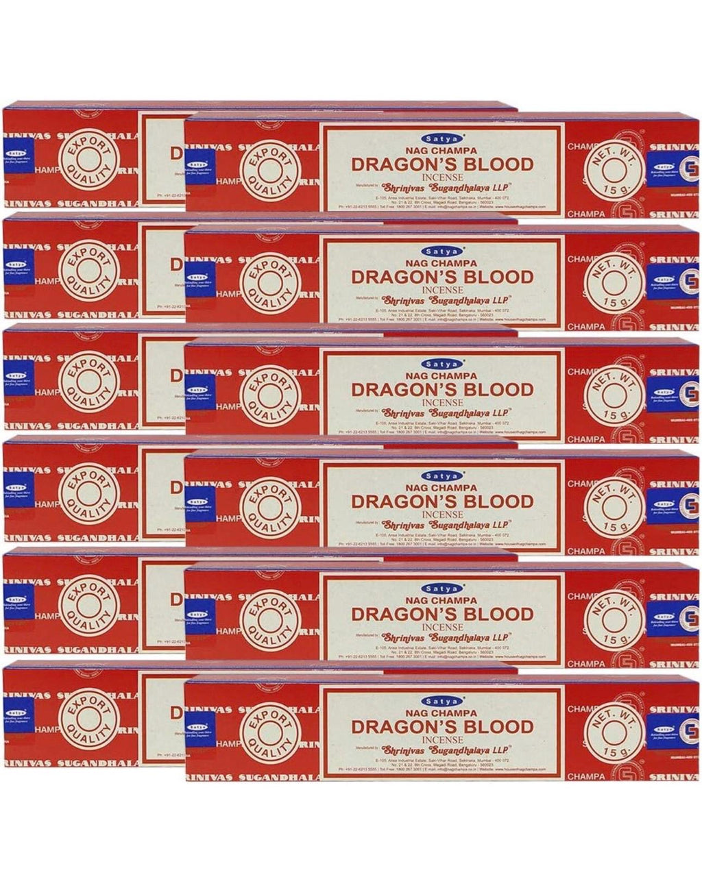 Satya Nag Champa Dragons Blood 180 grams. 12 boxes x 15 g per box. Premium Handmade Incense sticks.