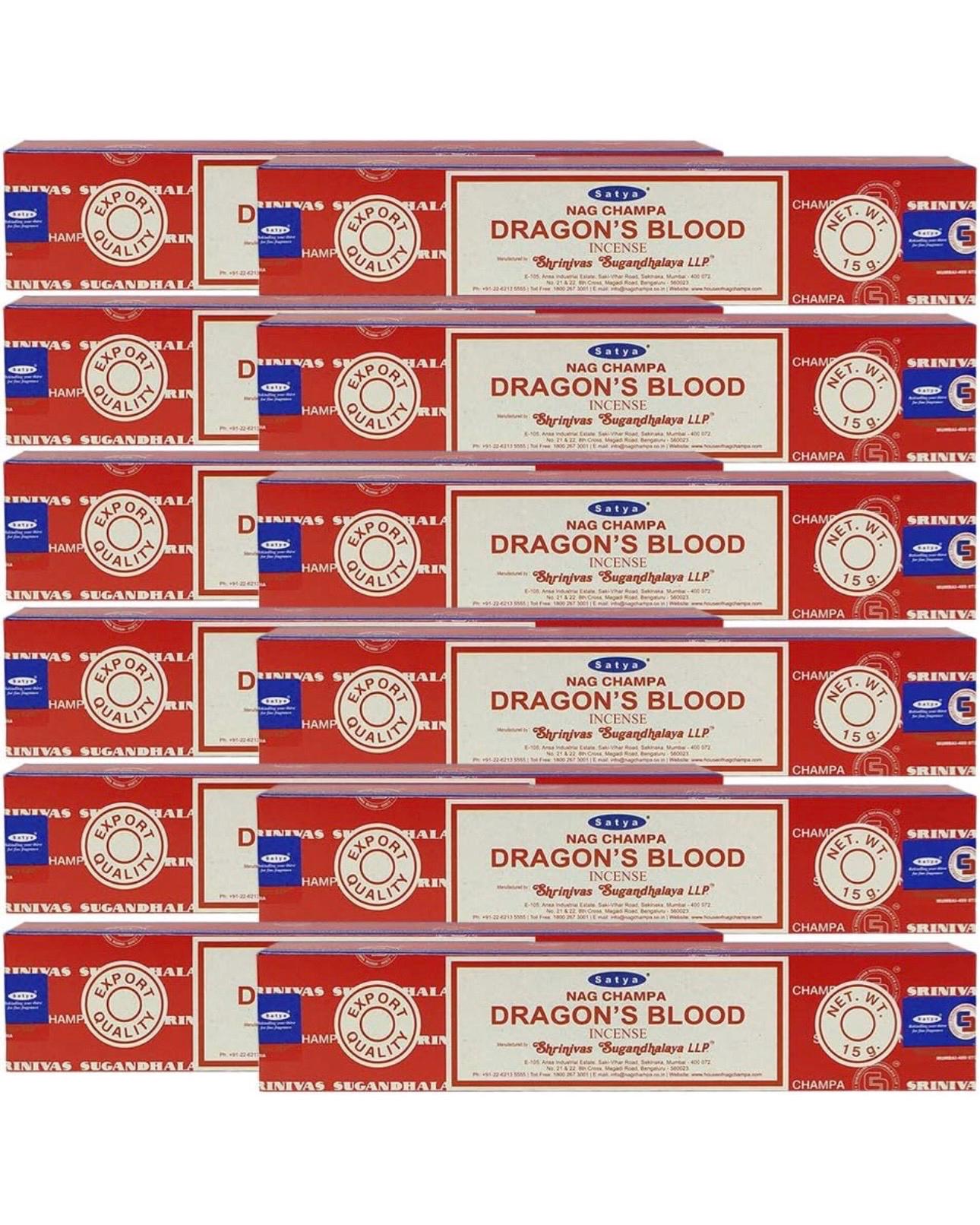 Satya Nag Champa Dragons Blood 180 grams. 12 boxes x 15 g per box. Premium Handmade Incense sticks.
