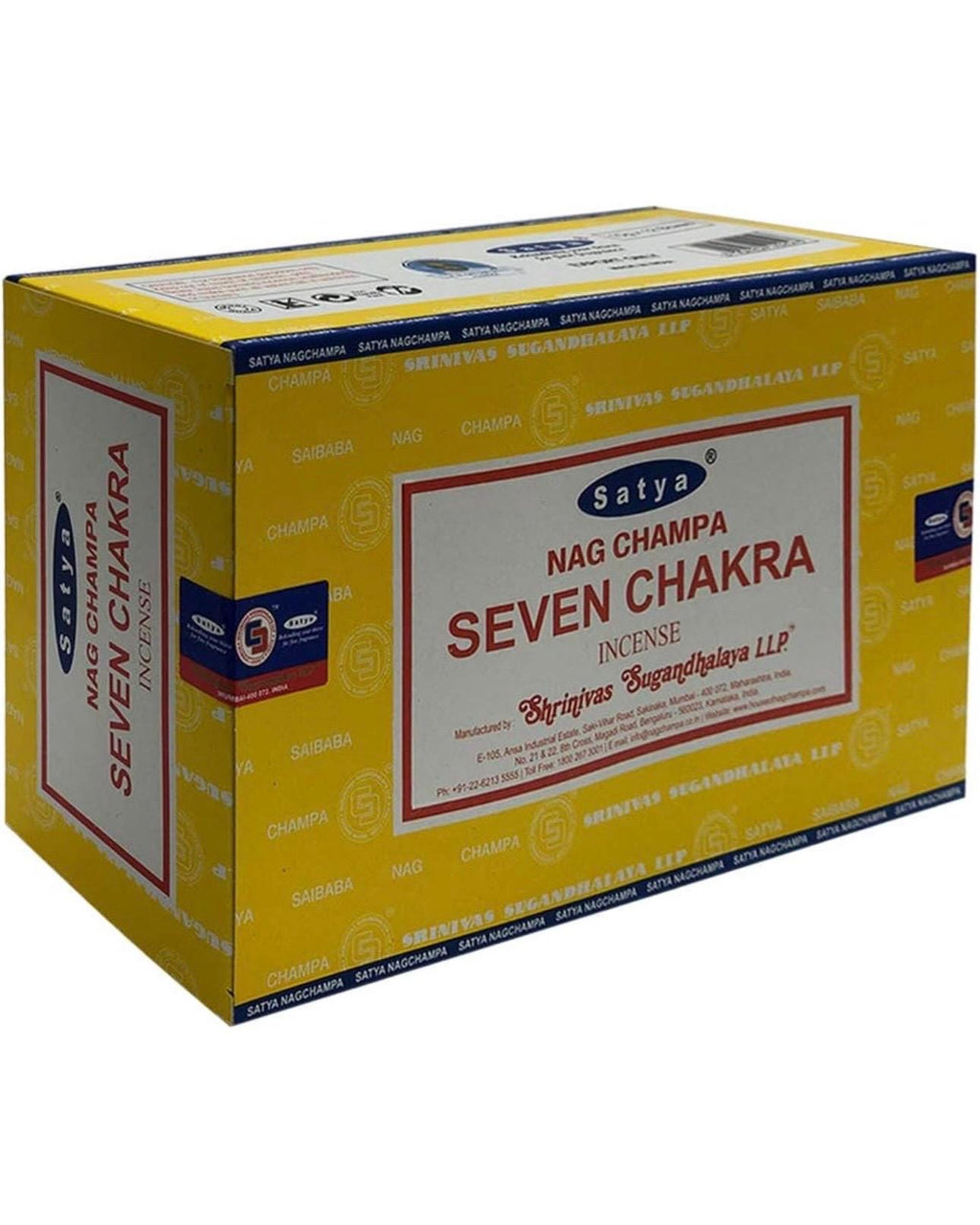 Satya Nag Champa Seven Chakra 180 grams. 12 boxes x 15 g per box. Premium Handrolled Incense sticks.