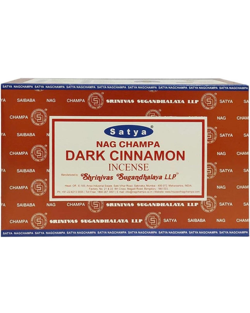 Satya Nag Champa Dark Cinnamon 180 grams. 12 boxes x 15 g per box. Premium Handrolled Incense sticks.