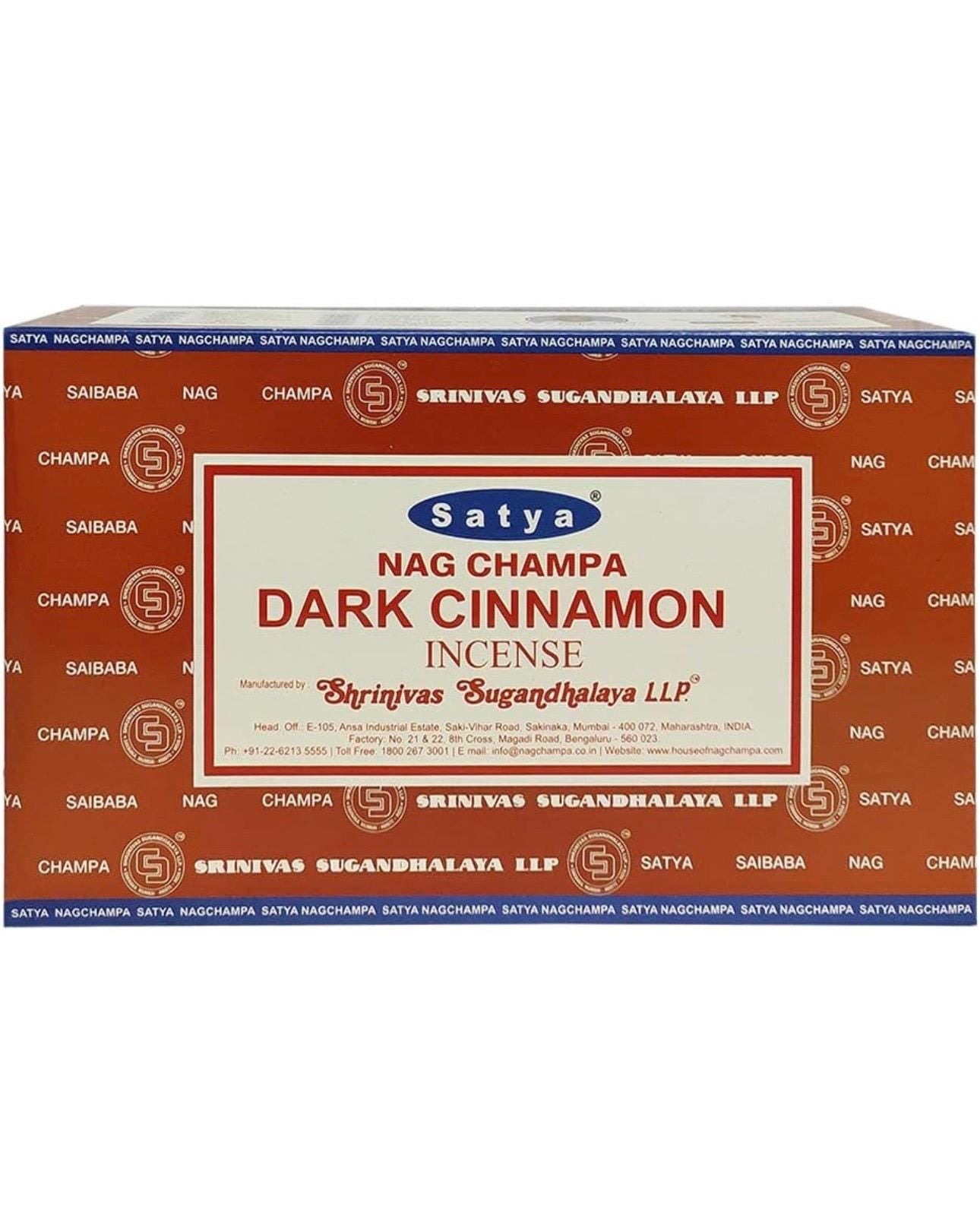 Satya Nag Champa Dark Cinnamon 180 grams. 12 boxes x 15 g per box. Premium Handrolled Incense sticks.