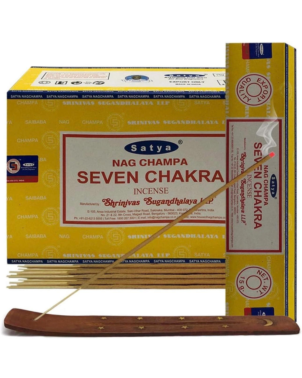 Satya Nag Champa Seven Chakra 180 grams. 12 boxes x 15 g per box. Premium Handrolled Incense sticks.