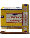 Satya Nag Champa Seven Chakra 180 grams. 12 boxes x 15 g per box. Premium Handrolled Incense sticks.