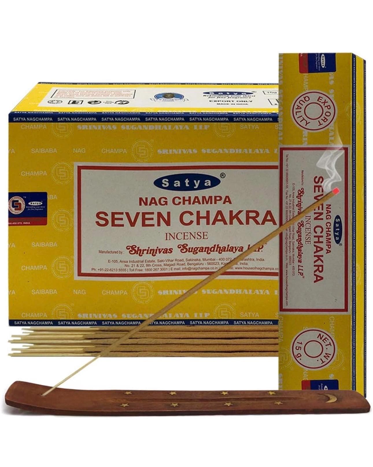 Satya Nag Champa Seven Chakra 180 grams. 12 boxes x 15 g per box. Premium Handrolled Incense sticks.