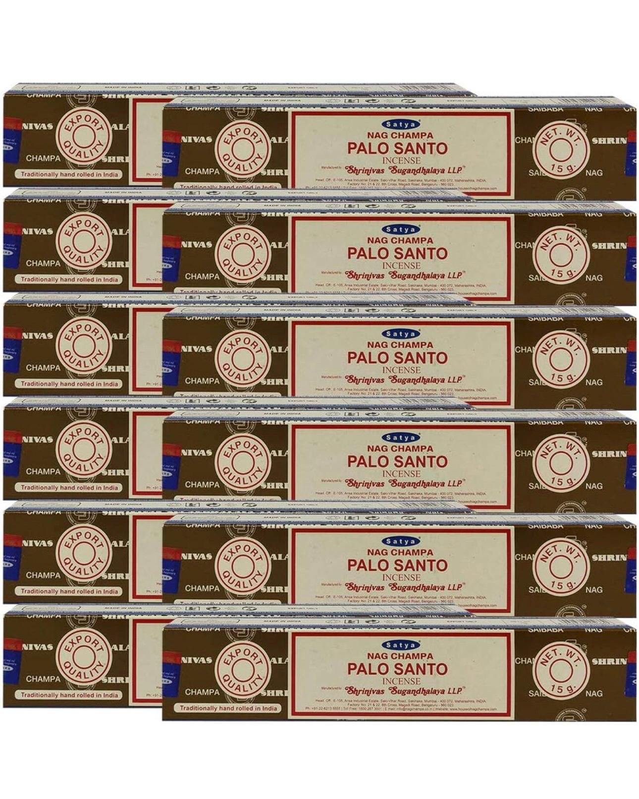 Satya Nag Champa Palo Santo 180 grams. 12 boxes x 15 g per box. Premium Handrolled Incense sticks.