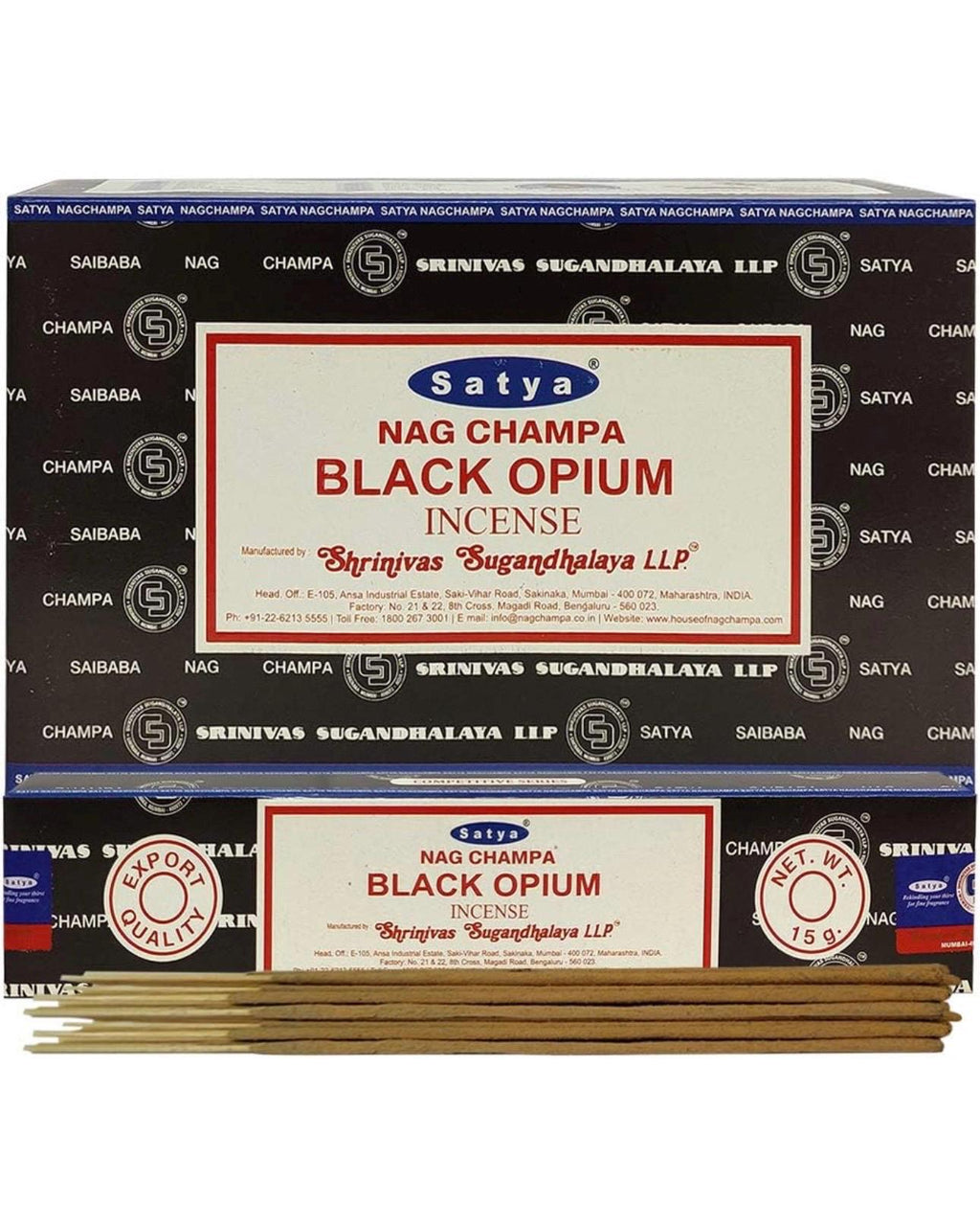 Satya Nag Champa Black Opium 180 grams. 12 boxes x 15 g per box. Premium Handrolled Incense sticks.
