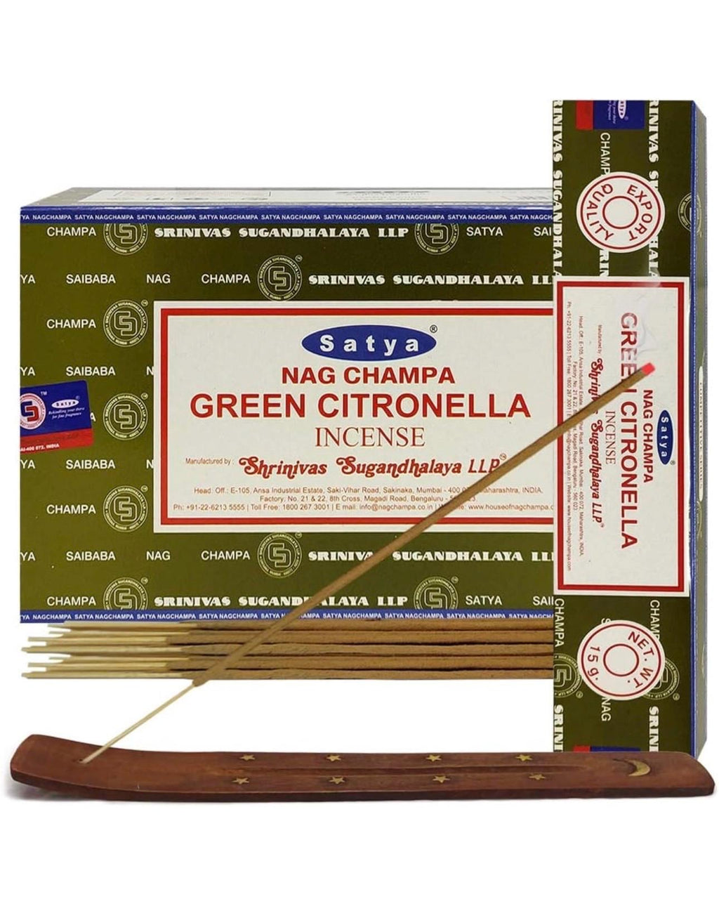 Satya Nag Champa Green Citronella 180 grams. 12 boxes x 15 g per box. Premium Handrolled Incense sticks.