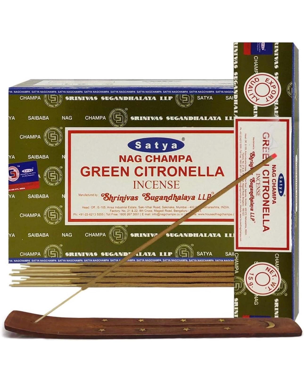 Satya Nag Champa Green Citronella 180 grams. 12 boxes x 15 g per box. Premium Handrolled Incense sticks.