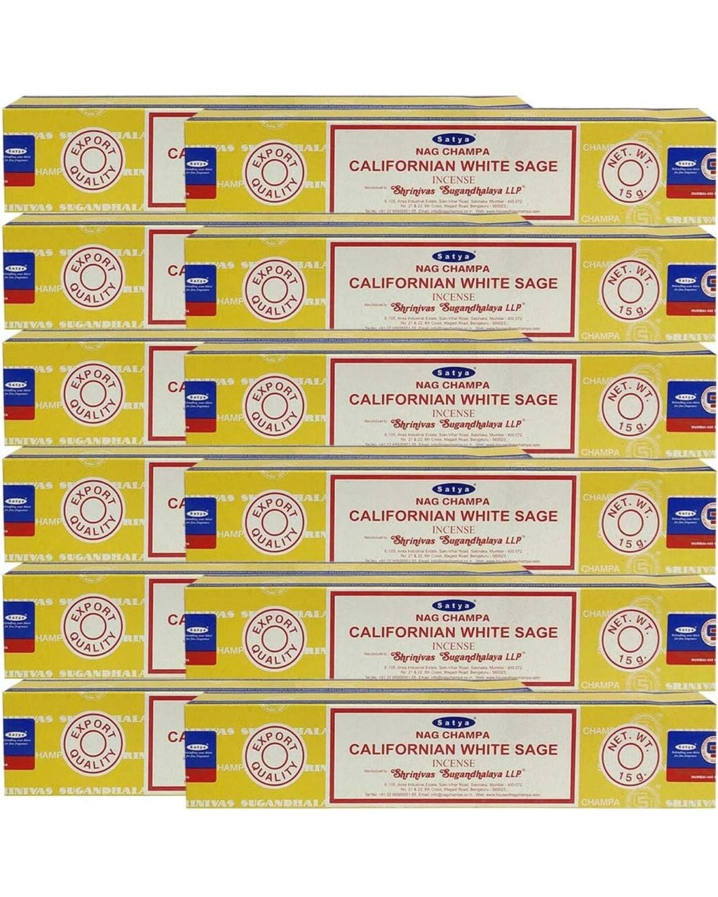 Satya Nag Champa California White Sage 180 grams. 12 boxes x 15 g per box. Premium Handrolled Incense sticks.