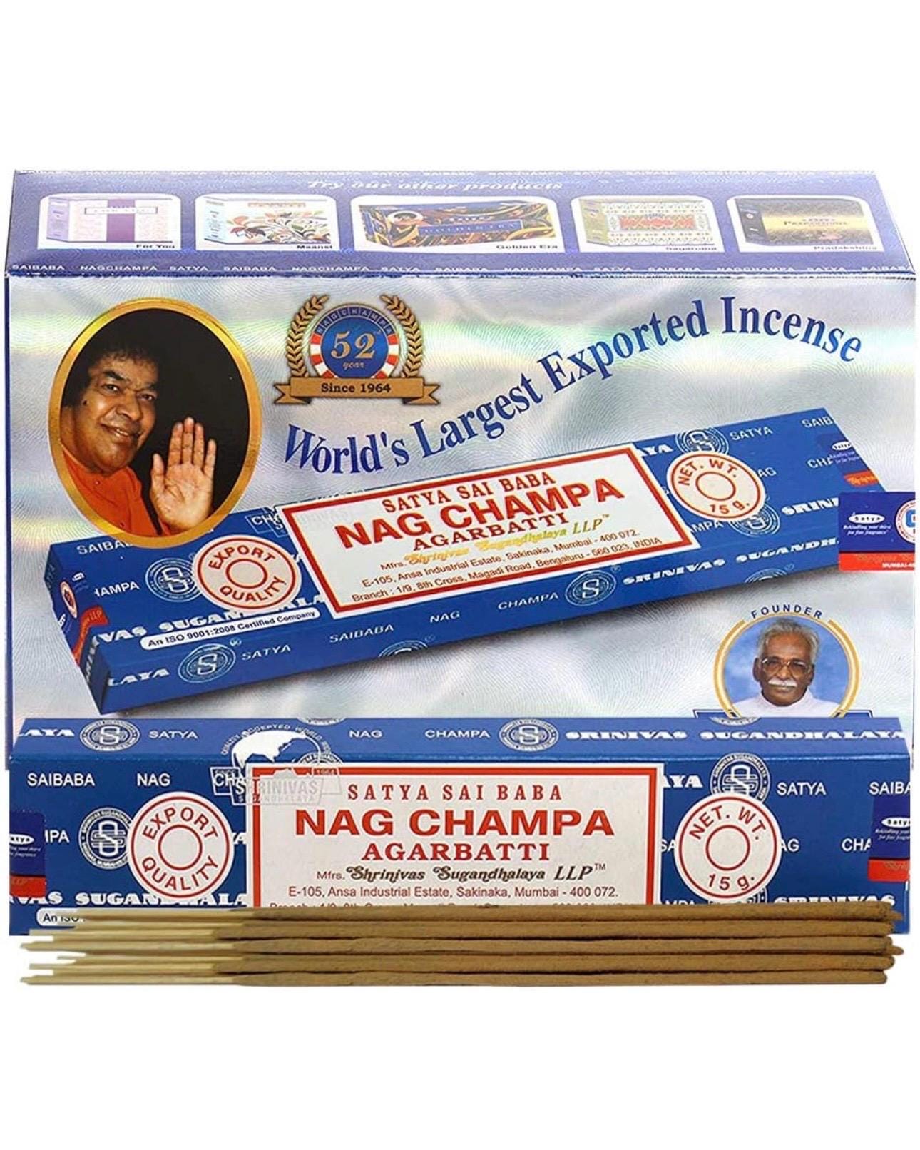Satya Nag Champa  180 grams. 12 boxes x 15 g per box. Premium Handrolled Incense sticks.