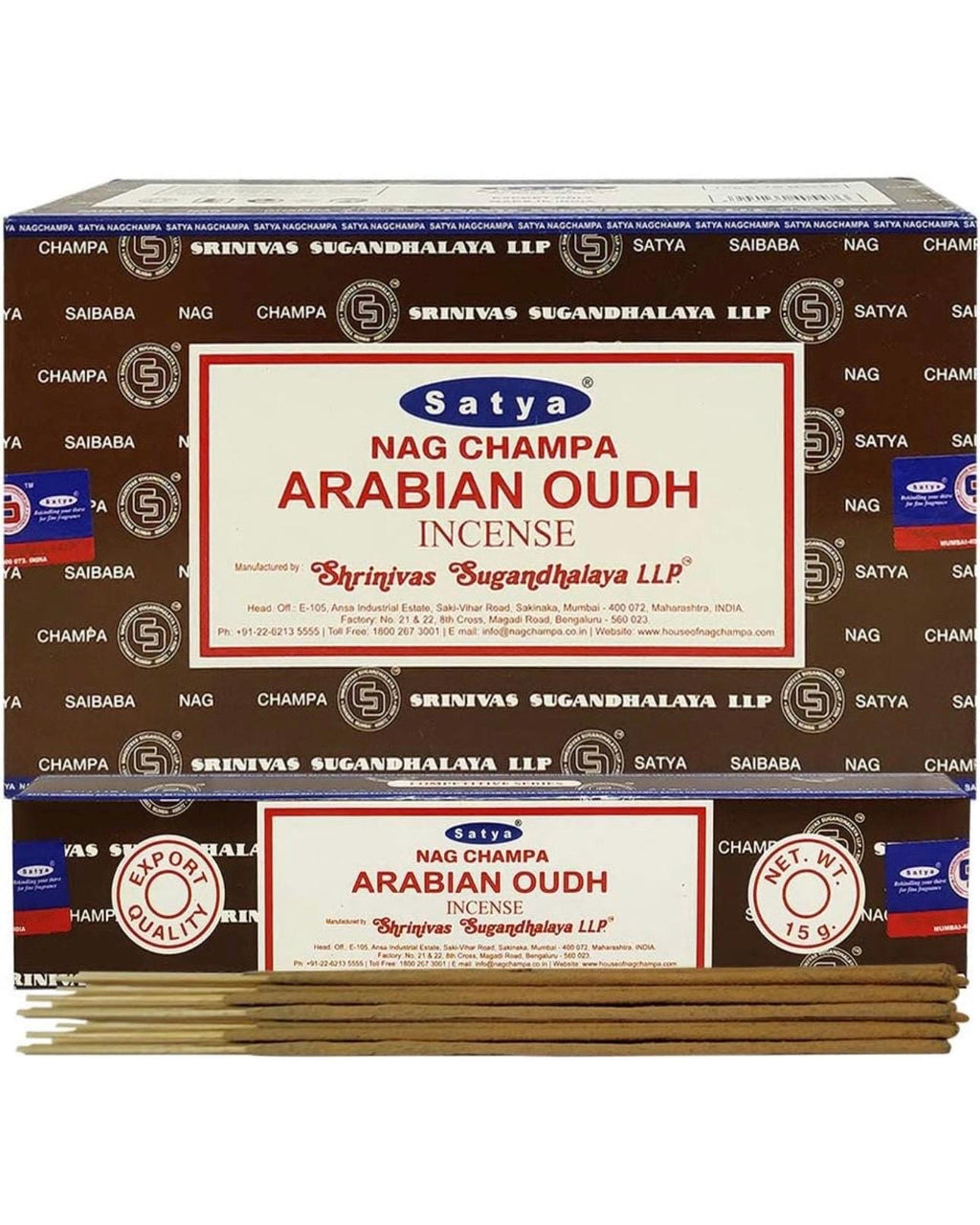 Satya Nag Champa Arabian Oudh 180 grams. 12 boxes x 15 g per box. Premium Handrolled Incense sticks.