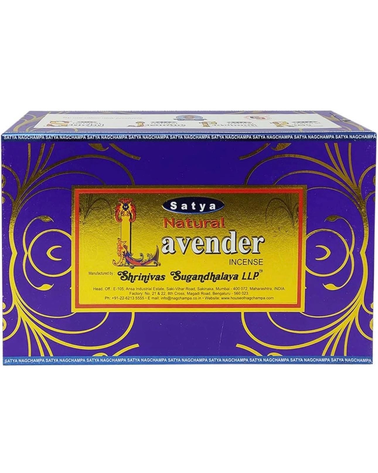 Satya Nag Champa Natural Lavender 180 grams. 12 boxes x 15 g per box. Premium Handrolled Incense sticks.