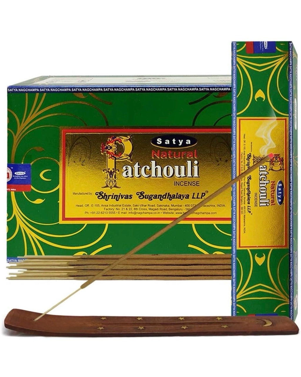 Satya Nag Champa Natural Patchouli 180 grams. 12 boxes x 15 g per box. Premium Handrolled Incense sticks.