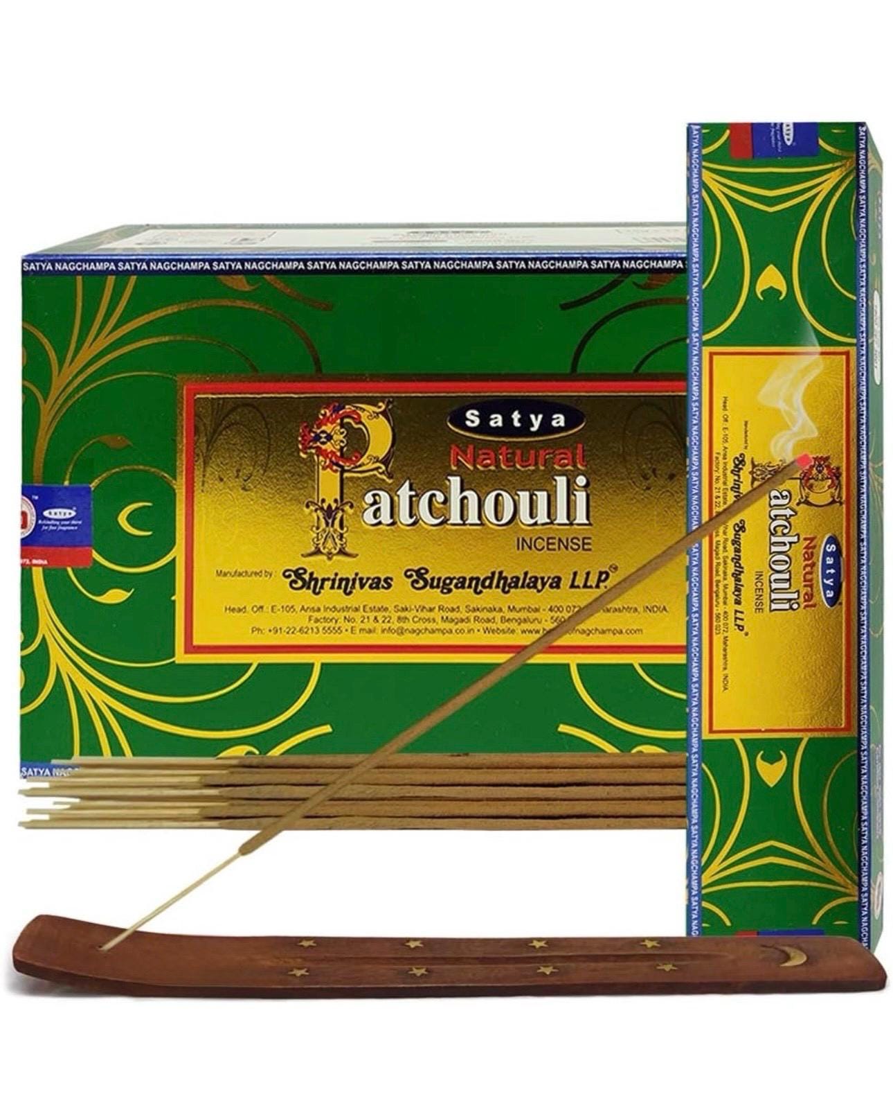 Satya Nag Champa Natural Patchouli 180 grams. 12 boxes x 15 g per box. Premium Handrolled Incense sticks.