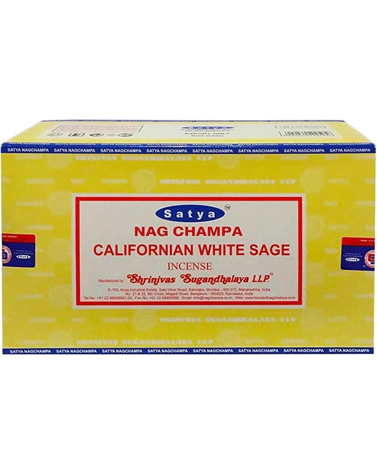 Satya Nag Champa California White Sage 180 grams. 12 boxes x 15 g per box. Premium Handrolled Incense sticks.