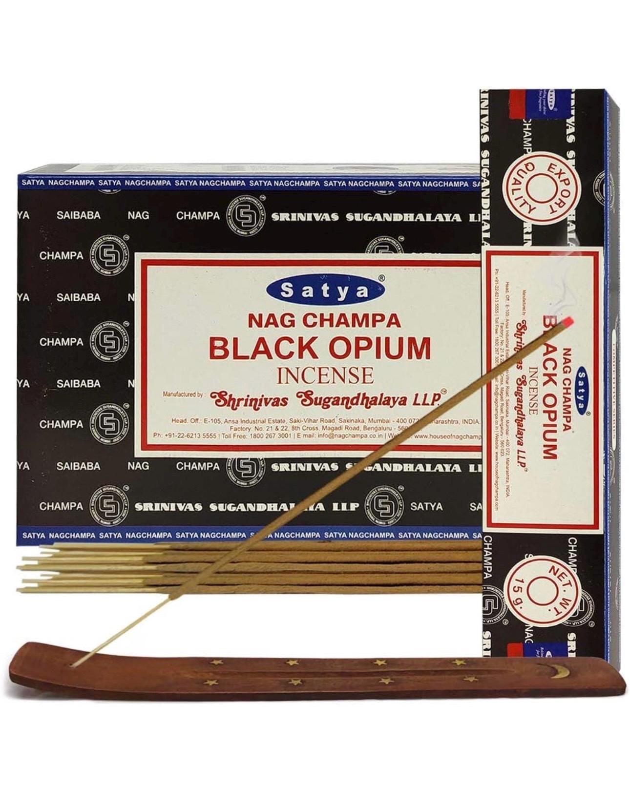 Satya Nag Champa Black Opium 180 grams. 12 boxes x 15 g per box. Premium Handrolled Incense sticks.