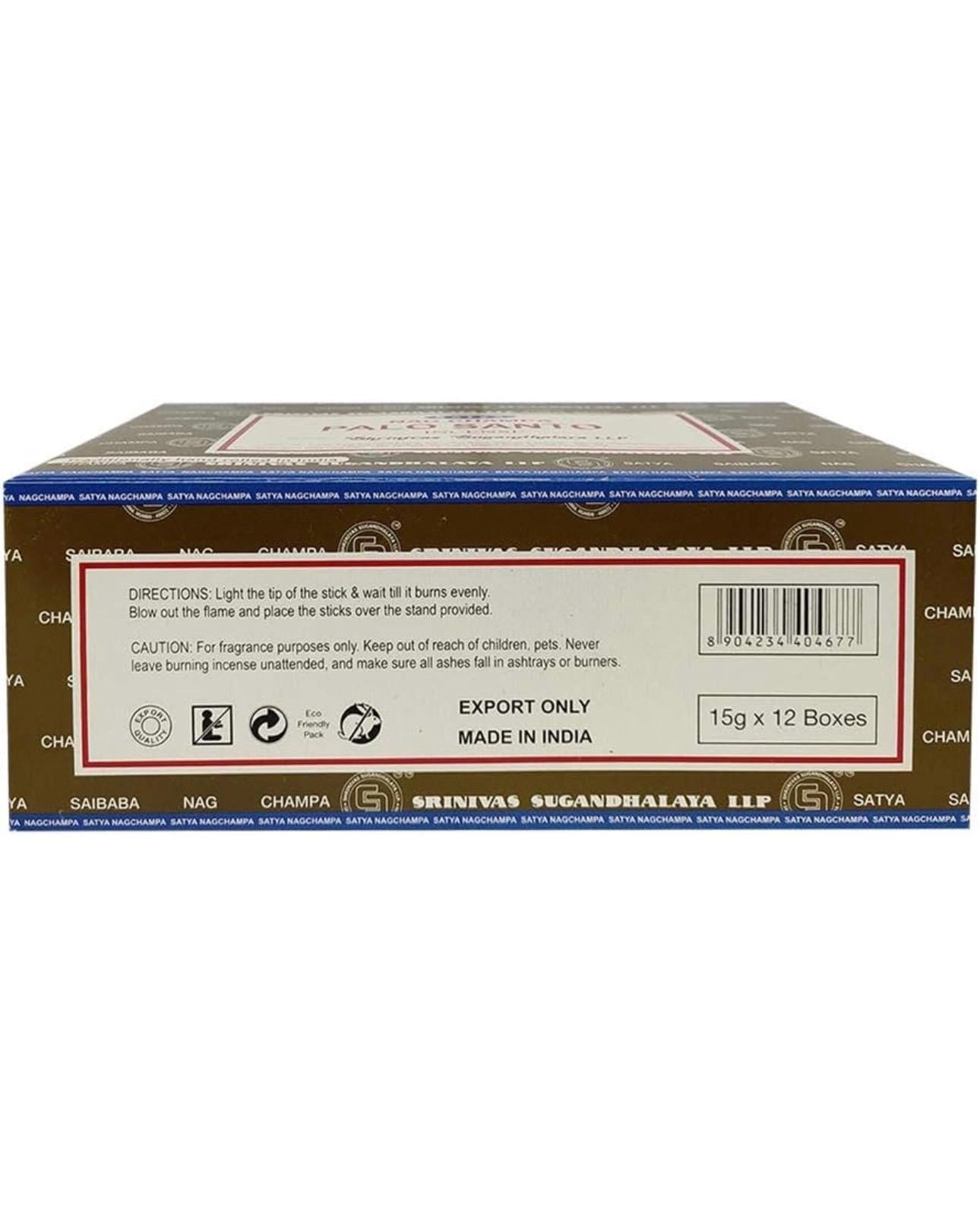 Satya Nag Champa Palo Santo 180 grams. 12 boxes x 15 g per box. Premium Handrolled Incense sticks.