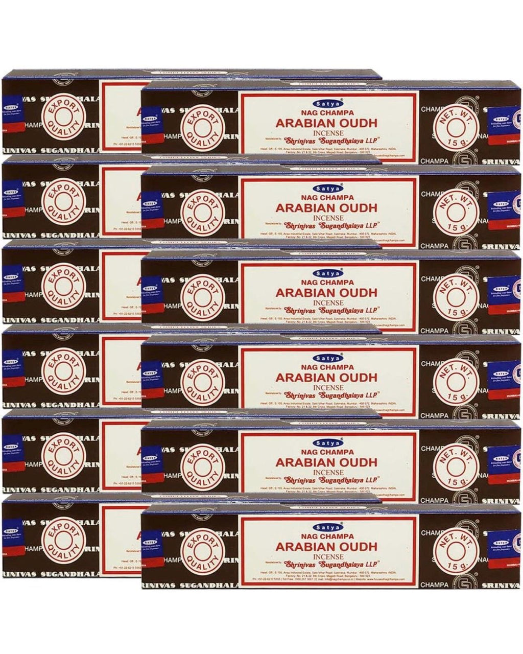 Satya Nag Champa Arabian Oudh 180 grams. 12 boxes x 15 g per box. Premium Handrolled Incense sticks.
