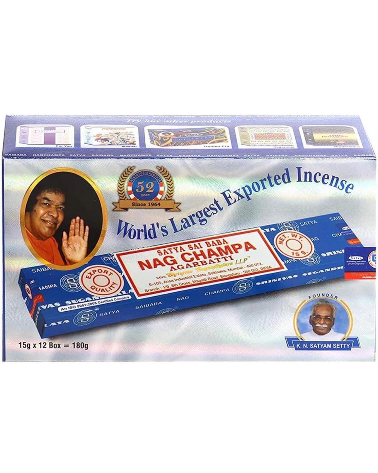 Satya Nag Champa  180 grams. 12 boxes x 15 g per box. Premium Handrolled Incense sticks.