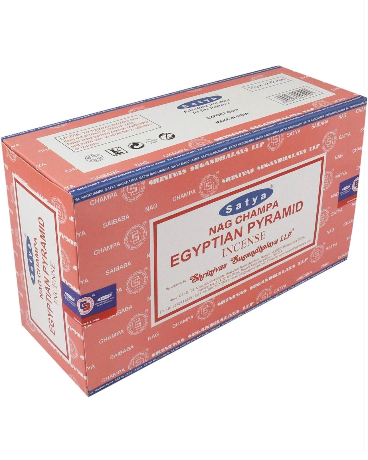 Satya Nag Champa Egyptian Pyramid 180 grams. 12 boxes x 15 g per box. Premium Handrolled Incense sticks.