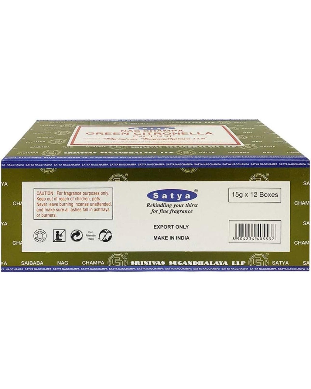 Satya Nag Champa Green Citronella 180 grams. 12 boxes x 15 g per box. Premium Handrolled Incense sticks.