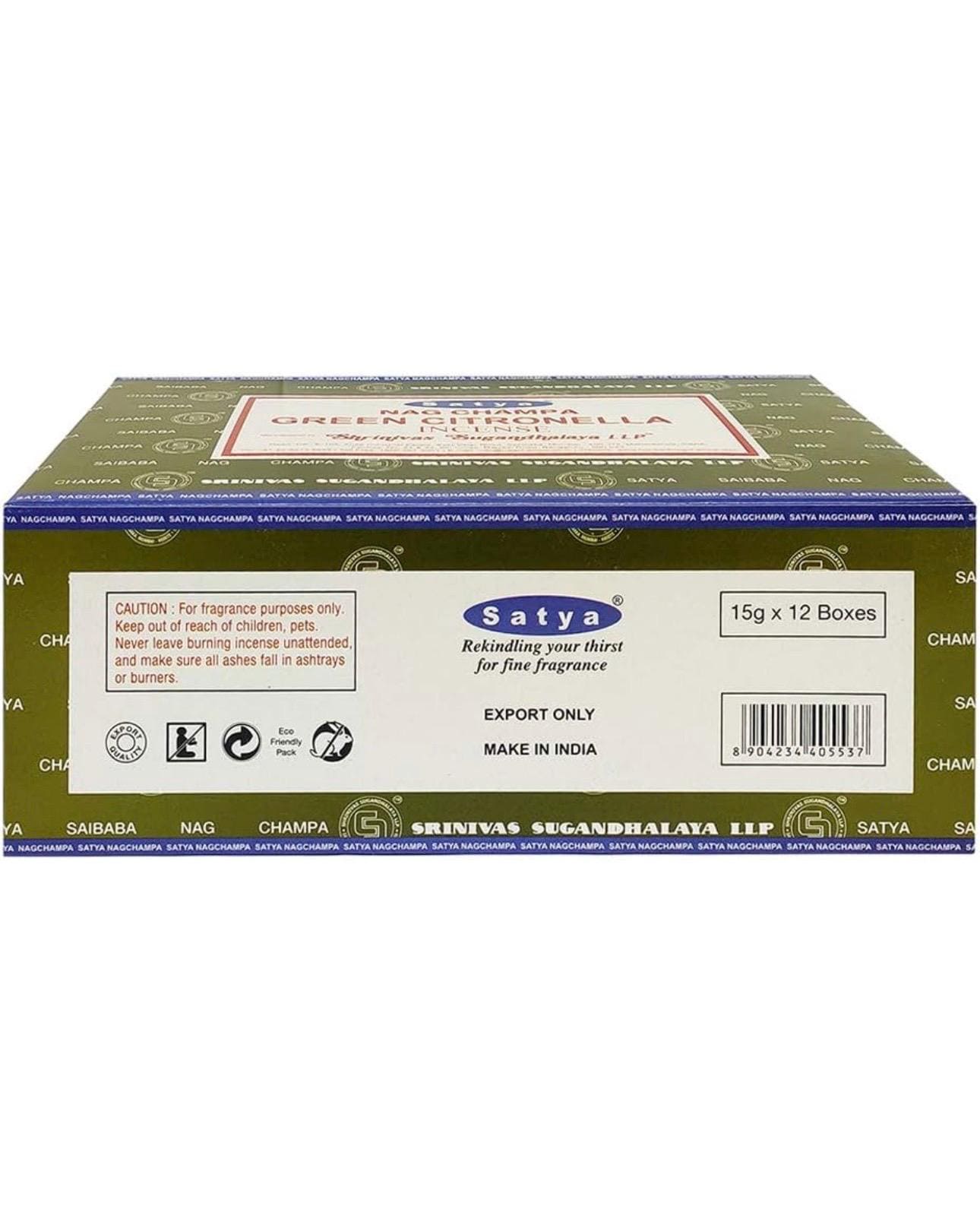 Satya Nag Champa Green Citronella 180 grams. 12 boxes x 15 g per box. Premium Handrolled Incense sticks.