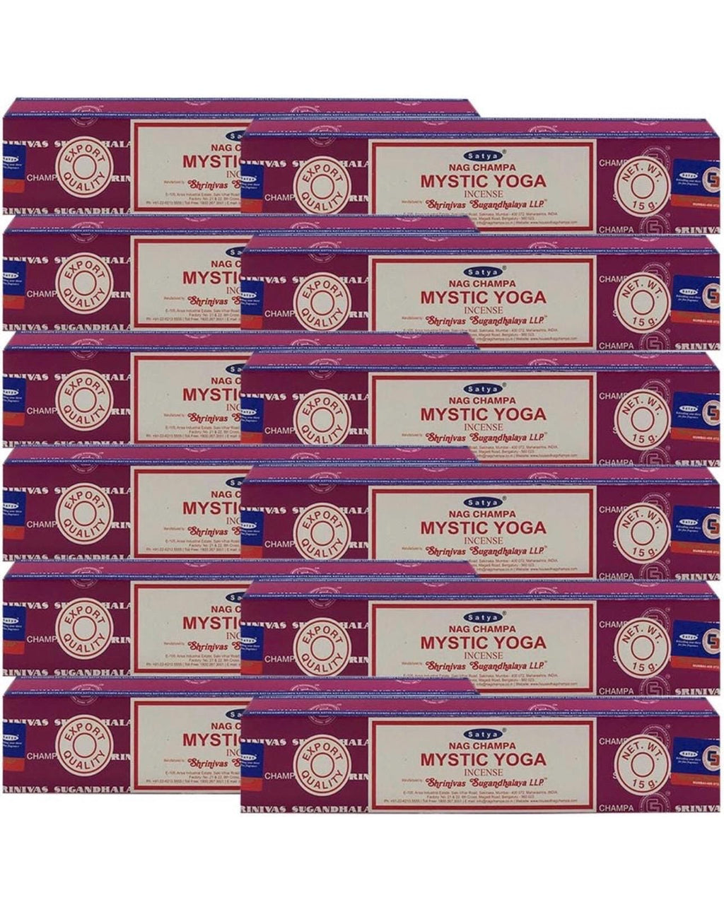 Satya Nag Champa Mystic Yoga 180 grams. 12 boxes x 15 g per box. Premium Handrolled Incense sticks.