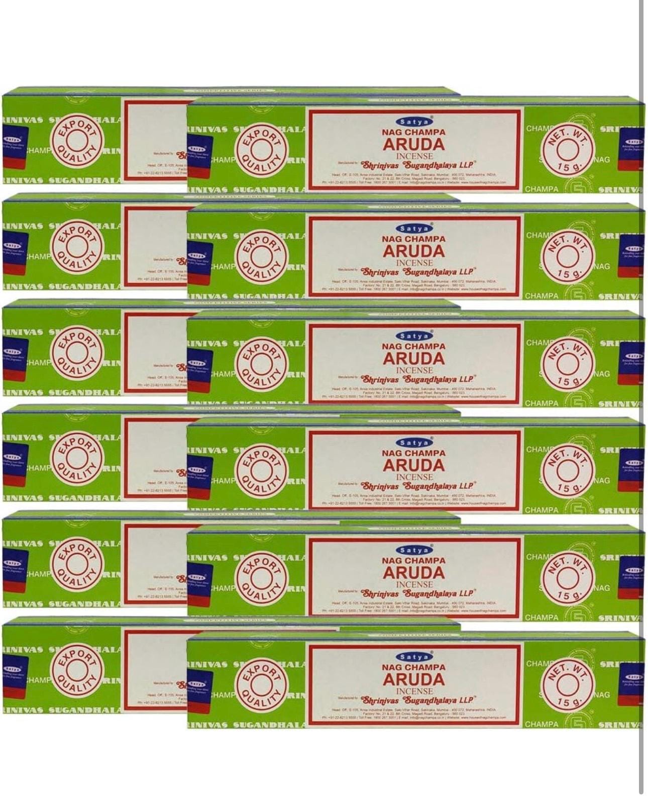 Satya Nag Champa Aruda 180 grams. 12 boxes x 15 g per box. Premium Handrolled Incense sticks.