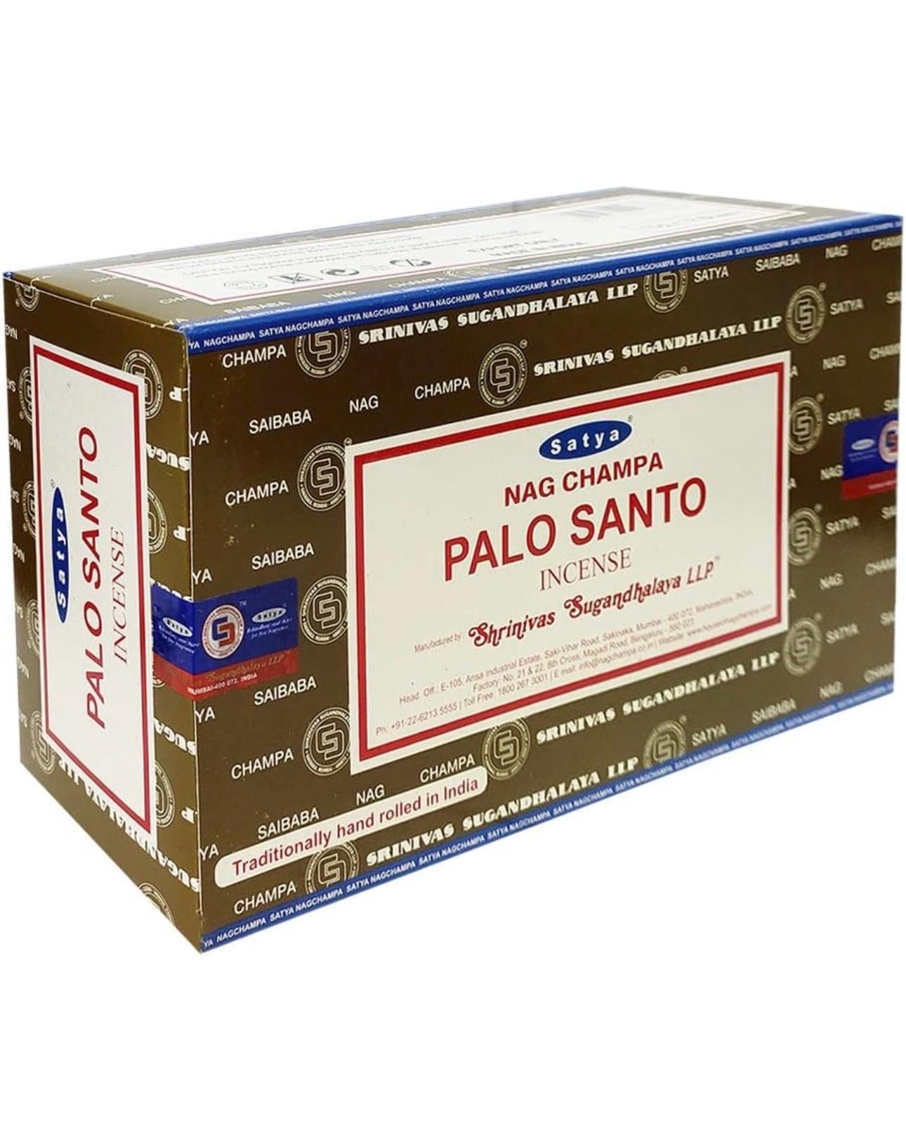 Satya Nag Champa Palo Santo 180 grams. 12 boxes x 15 g per box. Premium Handrolled Incense sticks.