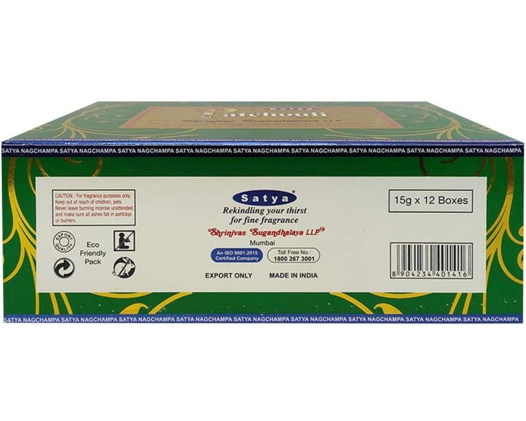 Satya Nag Champa Natural Patchouli 180 grams. 12 boxes x 15 g per box. Premium Handrolled Incense sticks.