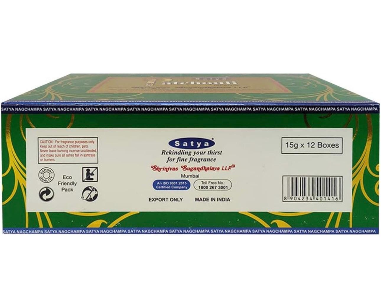 Satya Nag Champa Natural Patchouli 180 grams. 12 boxes x 15 g per box. Premium Handrolled Incense sticks.
