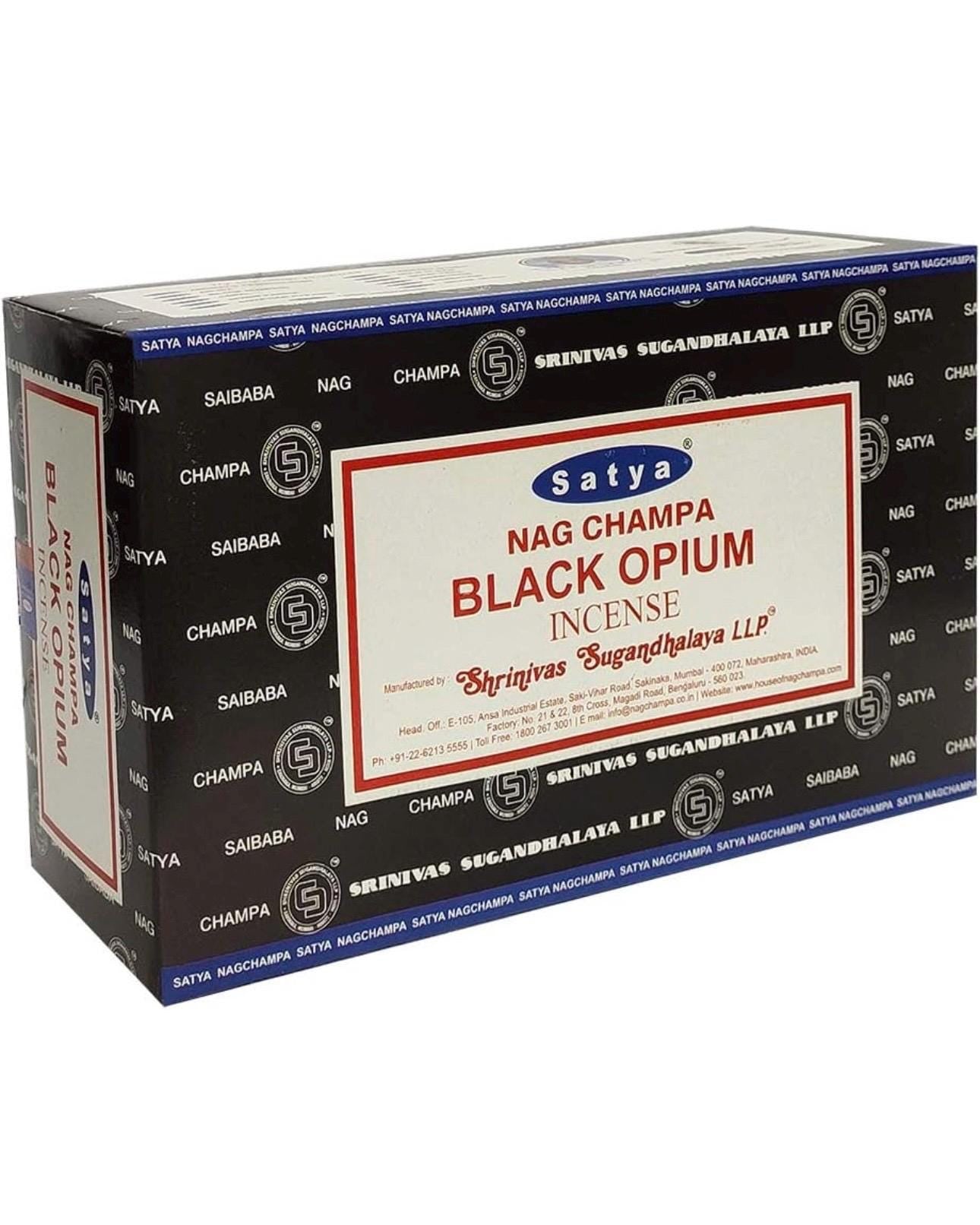 Satya Nag Champa Black Opium 180 grams. 12 boxes x 15 g per box. Premium Handrolled Incense sticks.