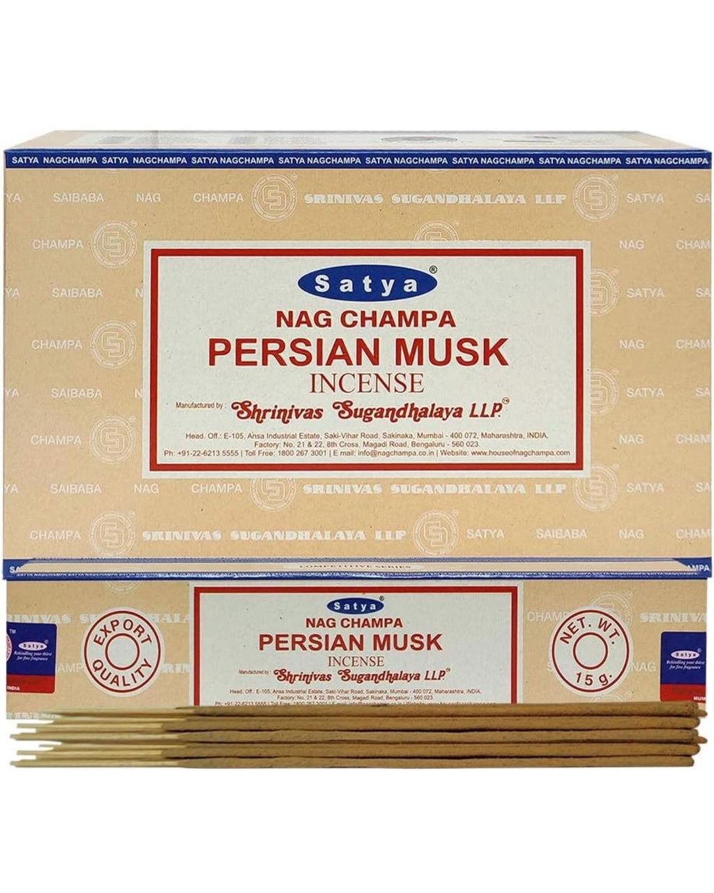Satya Nag Champa Persian Musk 180 grams. 12 boxes x 15 g per box. Premium Handrolled Incense sticks.