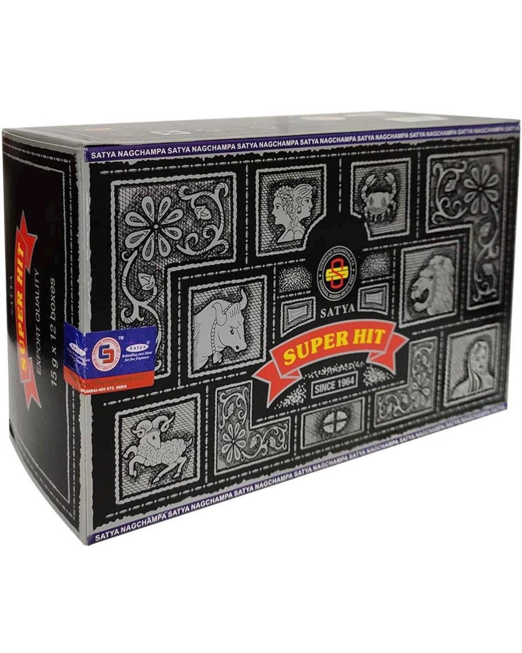 Satya Nag Champa Super Hit 180 grams. 12 boxes x 15 g per box. Premium Handmade Incense sticks.