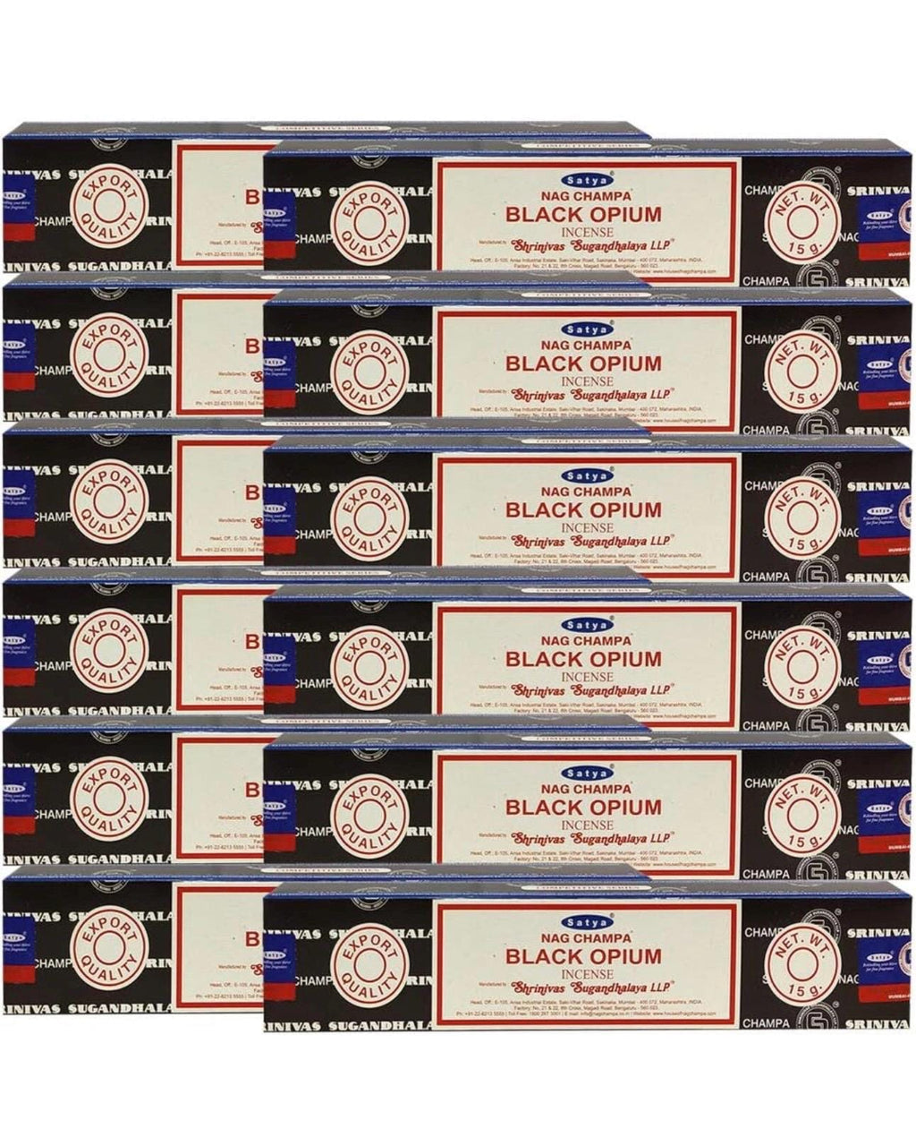 Satya Nag Champa Black Opium 180 grams. 12 boxes x 15 g per box. Premium Handrolled Incense sticks.