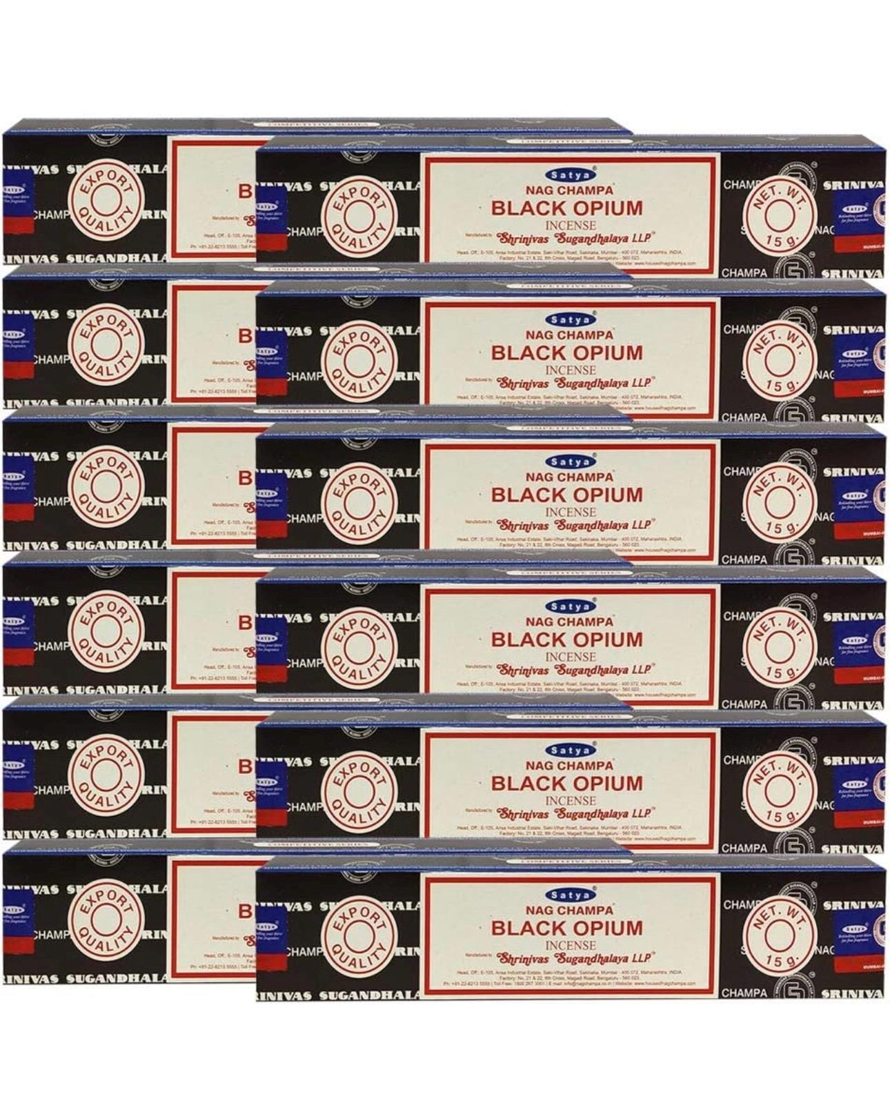 Satya Nag Champa Black Opium 180 grams. 12 boxes x 15 g per box. Premium Handrolled Incense sticks.