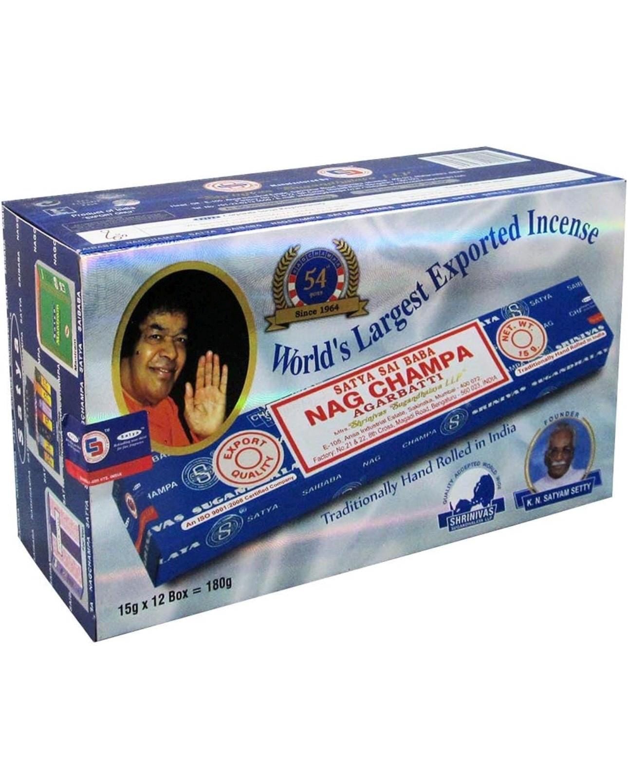 Satya Nag Champa  180 grams. 12 boxes x 15 g per box. Premium Handrolled Incense sticks.
