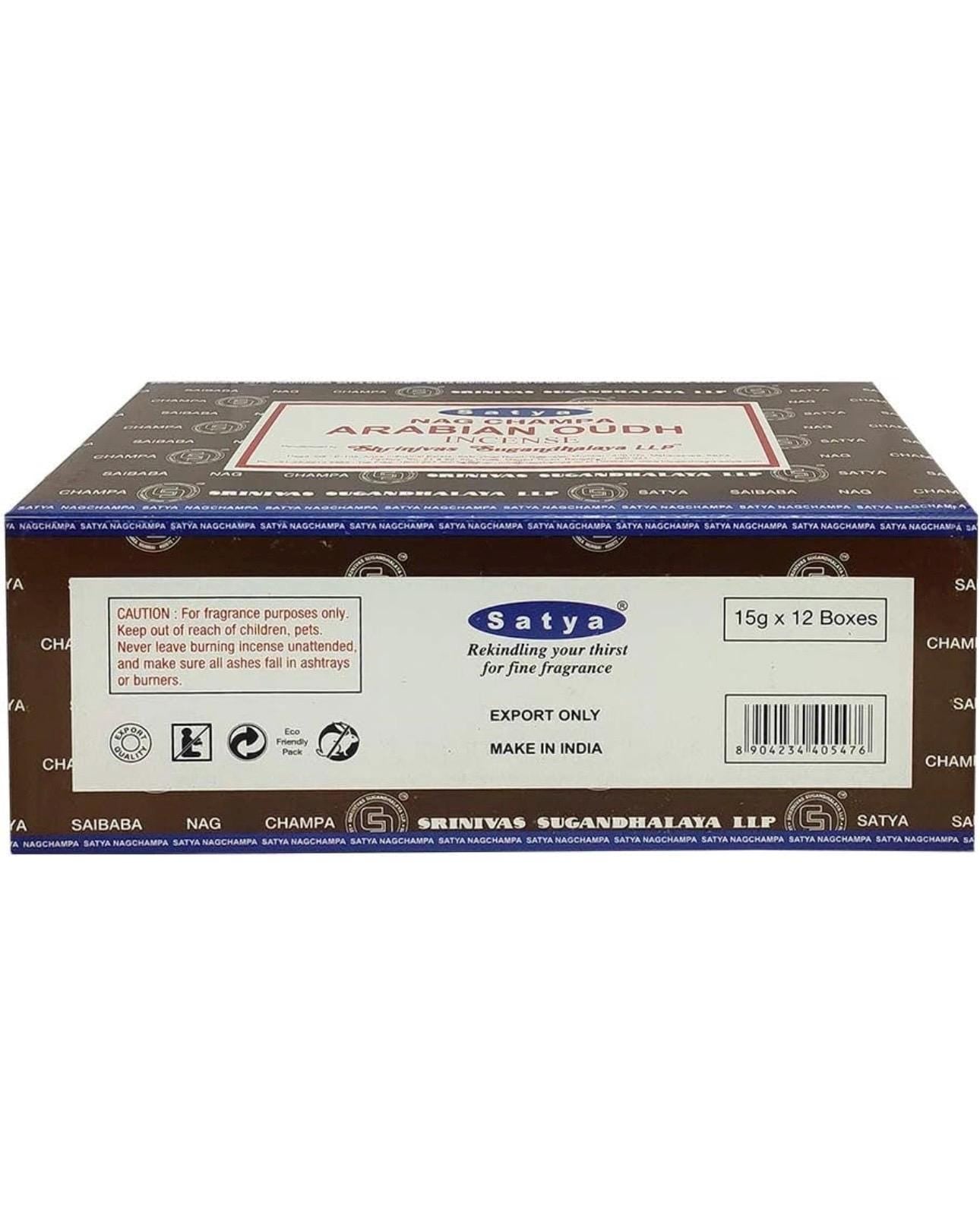 Satya Nag Champa Arabian Oudh 180 grams. 12 boxes x 15 g per box. Premium Handrolled Incense sticks.