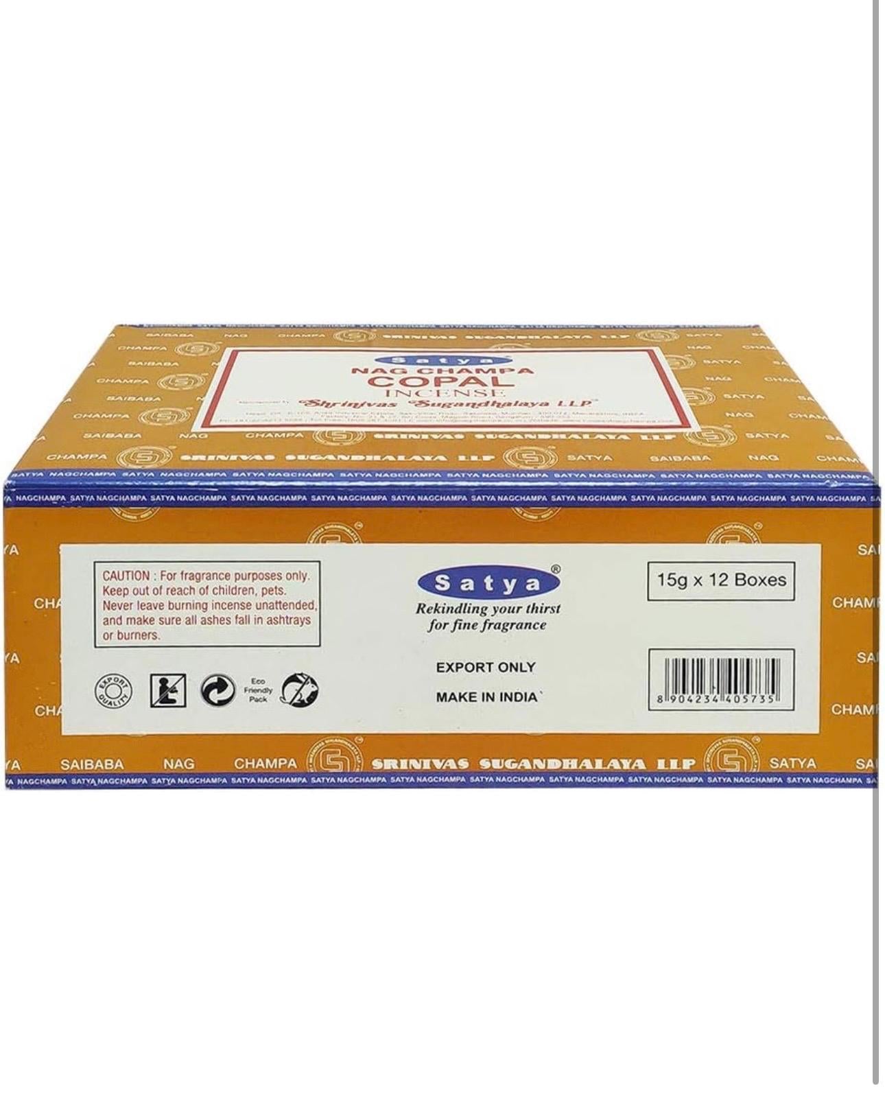 Satya Nag Champa Copal 180 grams. 12 boxes x 15 g per box. Premium Handrolled Incense sticks.