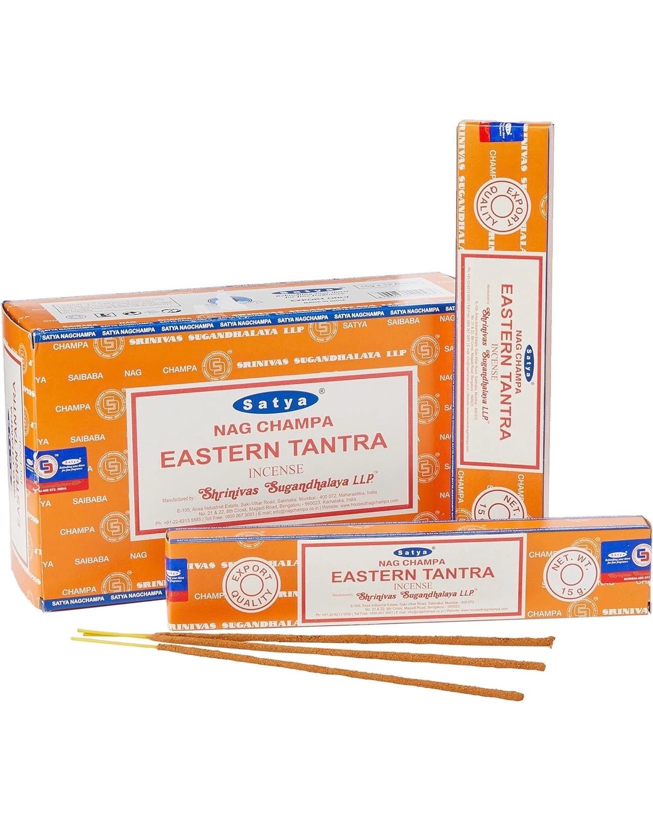Satya Nag Champa Eastern Tantra 180 grams. 12 boxes x 15 g per box. Premium Handrolled Incense sticks.