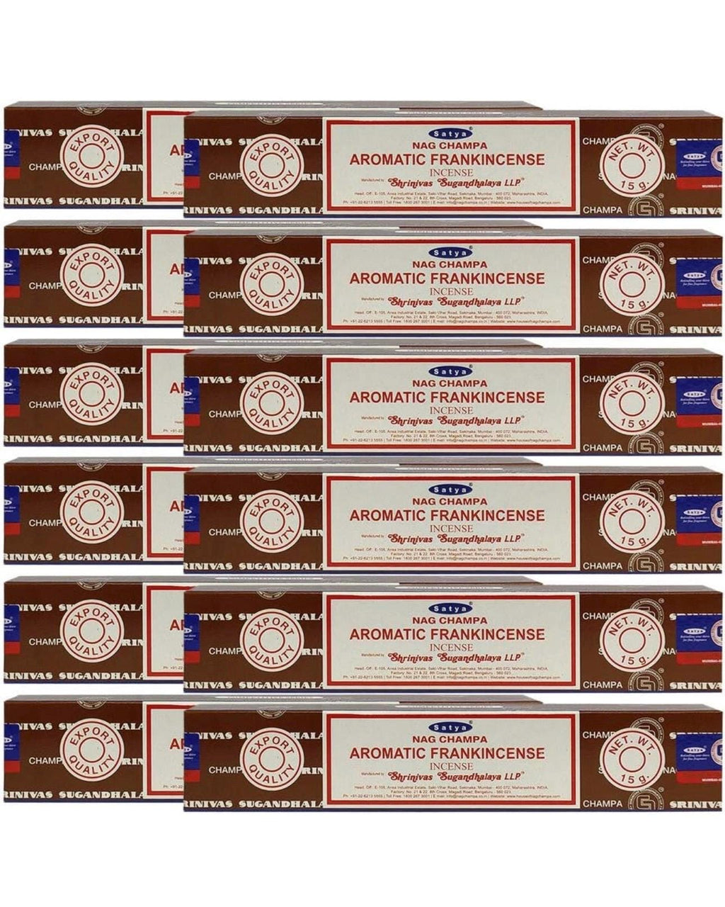 Satya Nag Champa Aromatic Frankincense 180 grams. 12 boxes x 15 g per box. Premium Handrolled Incense sticks.