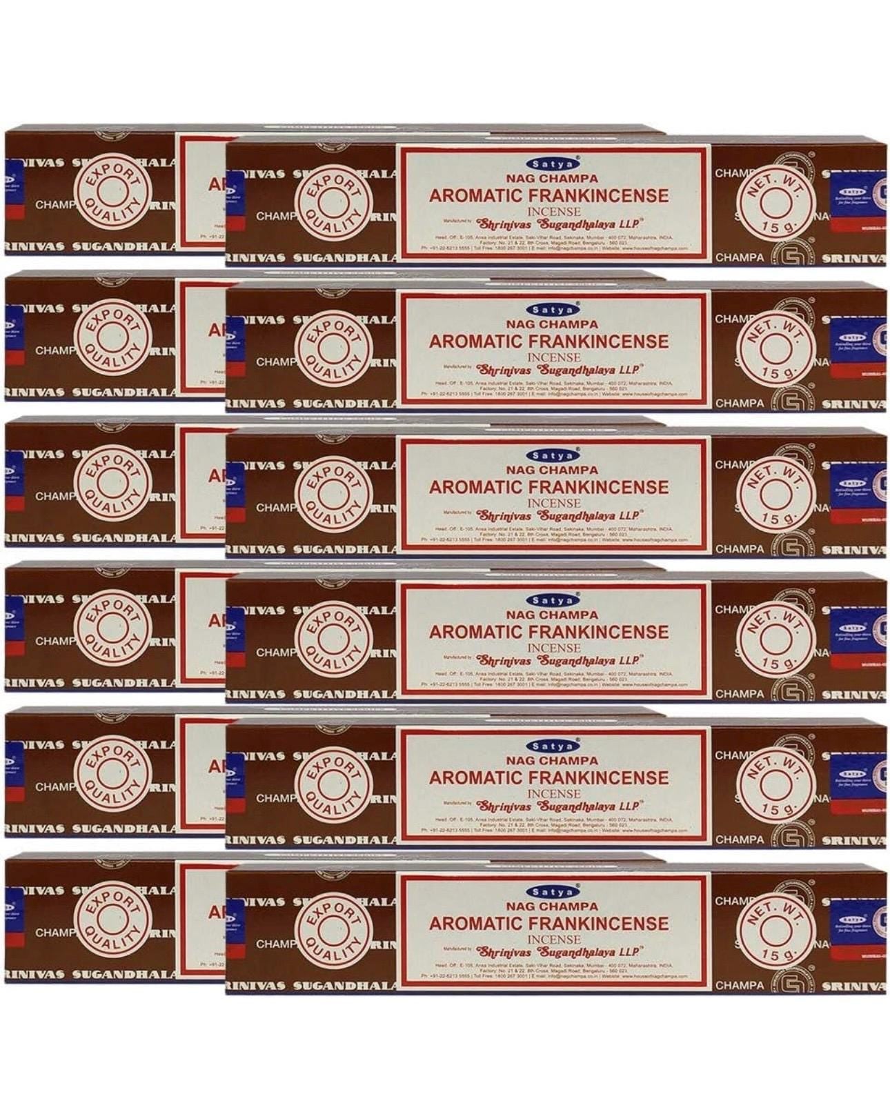Satya Nag Champa Aromatic Frankincense 180 grams. 12 boxes x 15 g per box. Premium Handrolled Incense sticks.
