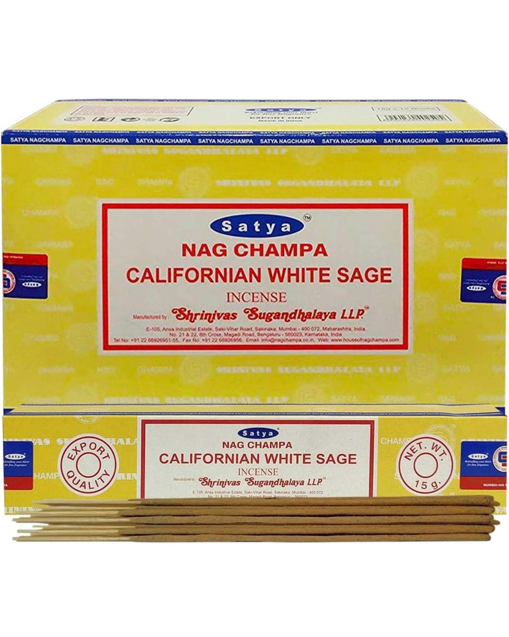 Satya Nag Champa California White Sage 180 grams. 12 boxes x 15 g per box. Premium Handrolled Incense sticks.