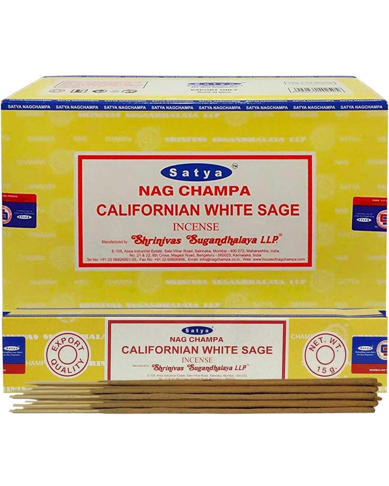 Satya Nag Champa California White Sage 180 grams. 12 boxes x 15 g per box. Premium Handrolled Incense sticks.