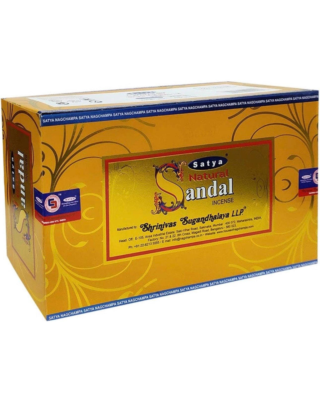 Satya Nag Champa Natural Sandal 180 grams. 12 boxes x 15 g per box. Premium Handrolled Incense sticks.