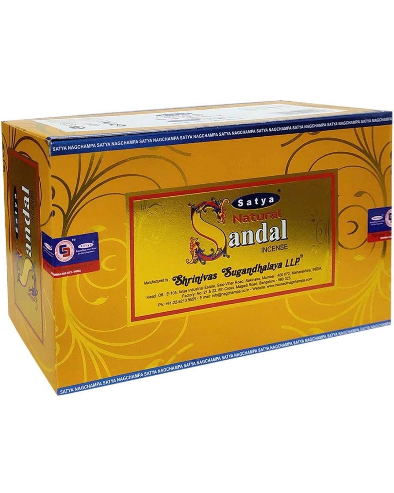 Satya Nag Champa Natural Sandal 180 grams. 12 boxes x 15 g per box. Premium Handrolled Incense sticks.