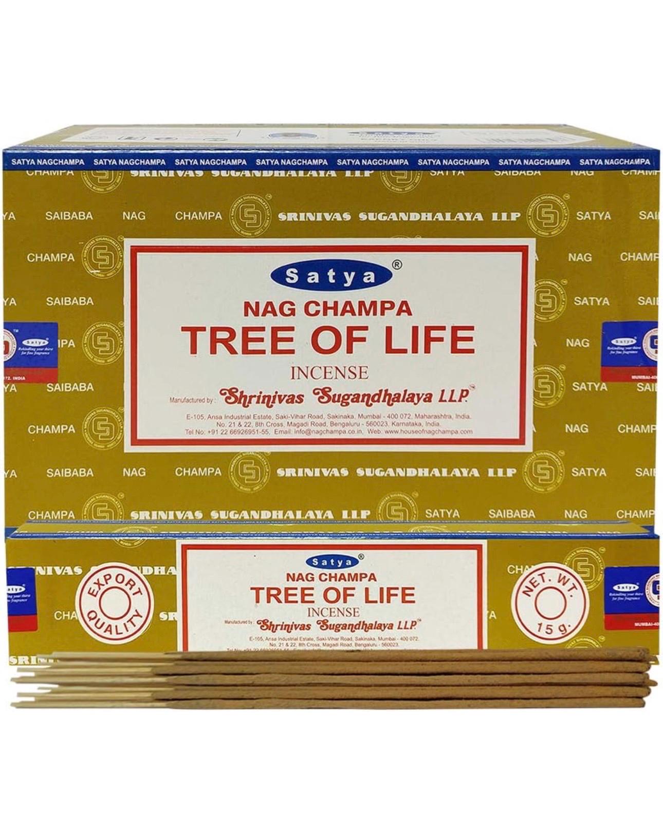 Satya Nag Champa Tree Of Life 180 grams. 12 boxes x 15 g per box. Premium Handrolled Incense sticks.