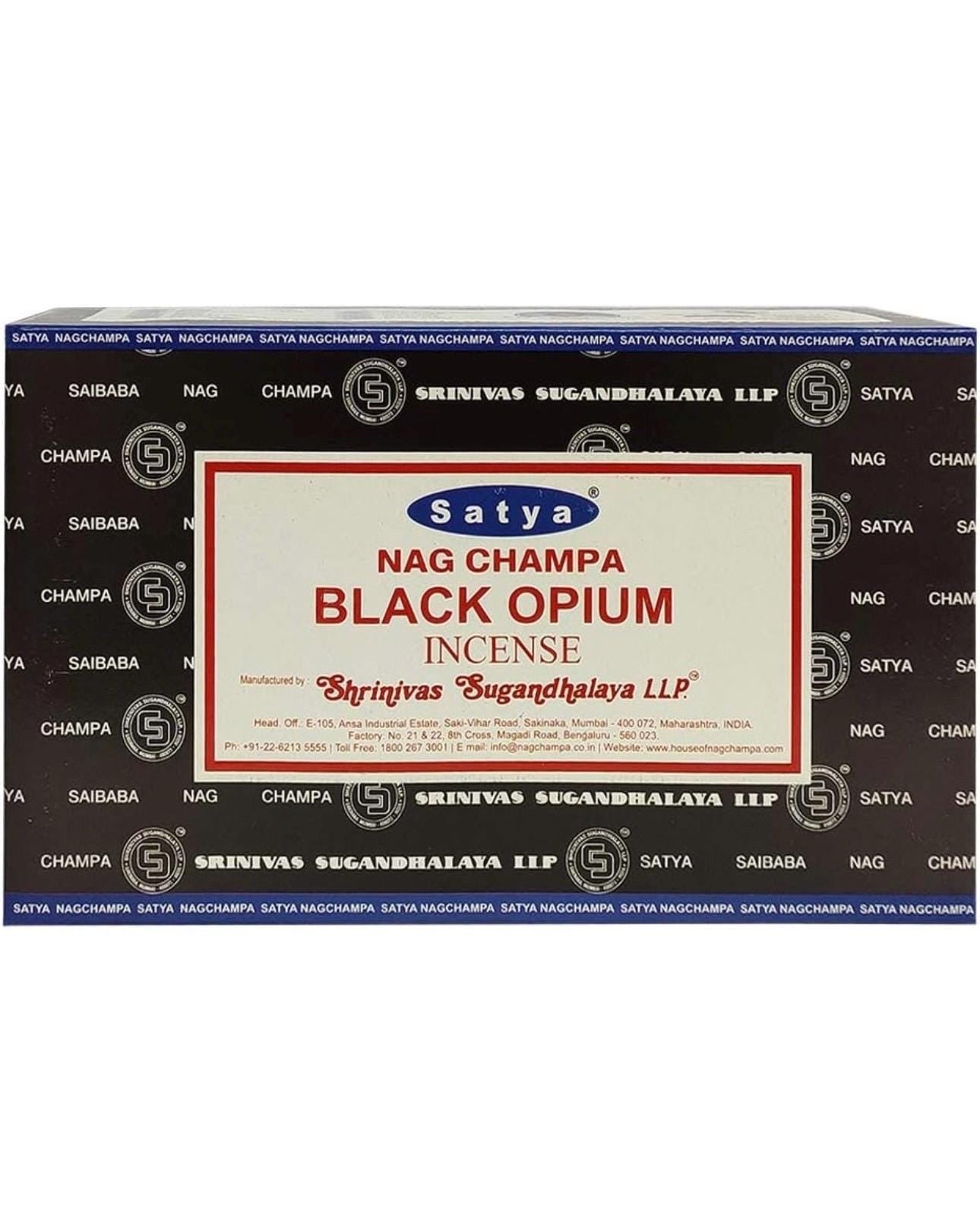 Satya Nag Champa Black Opium 180 grams. 12 boxes x 15 g per box. Premium Handrolled Incense sticks.