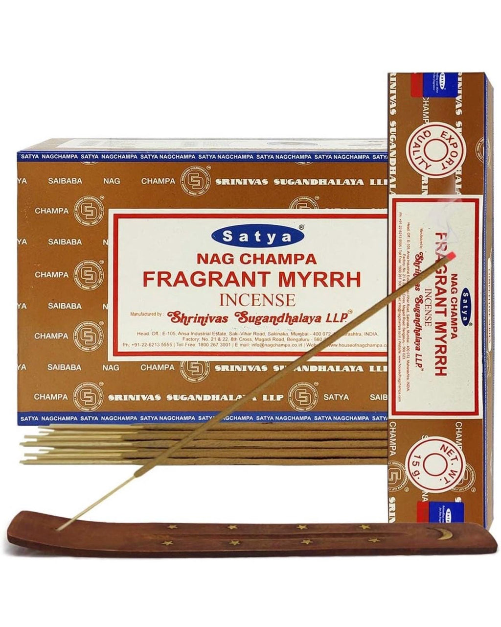 Satya Nag Champa Fragrant Myrrh 180 grams. 12 boxes x 15 g per box. Premium Handrolled Incense sticks.